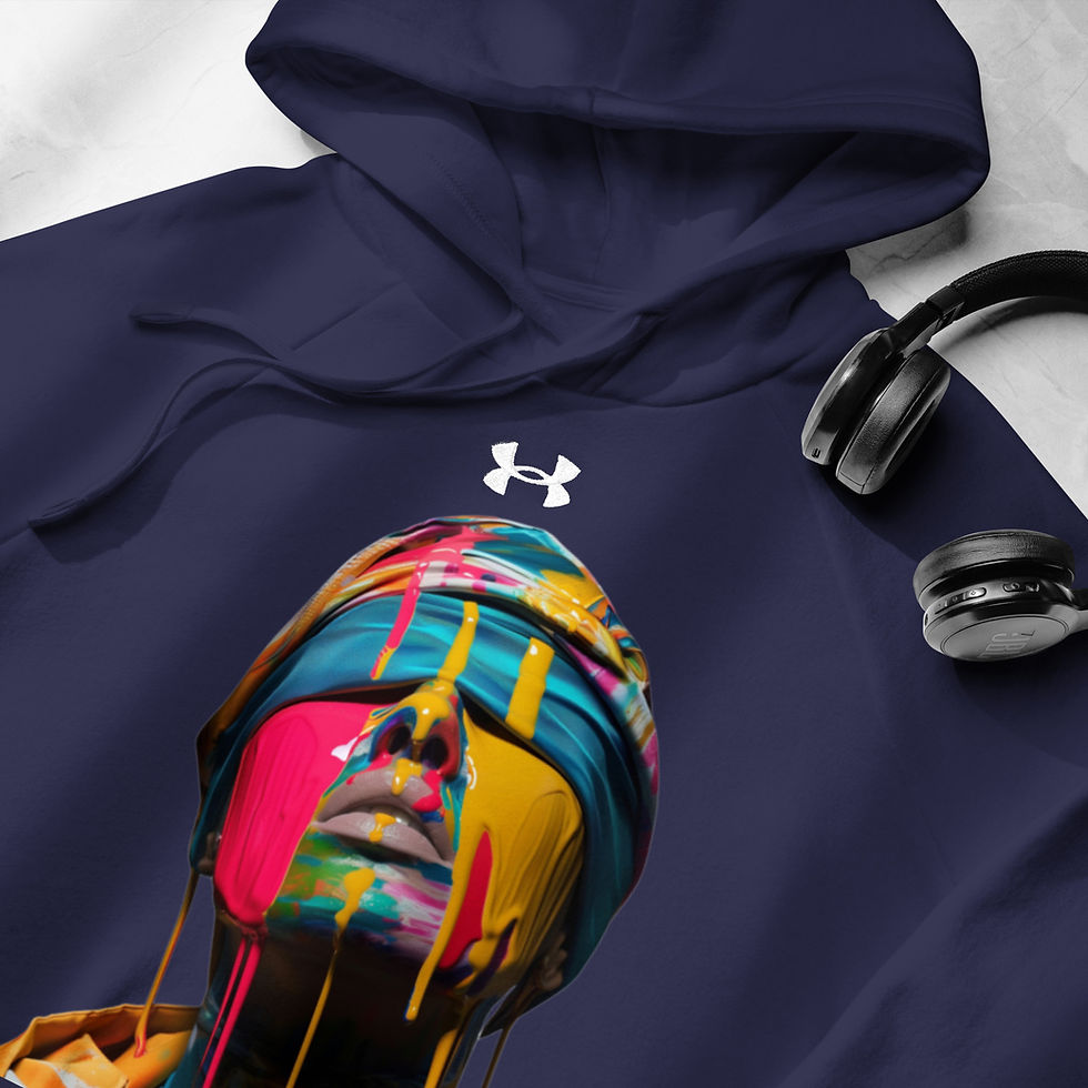 The Drip Expression: navy blue Under Armour hoodie with face with yellow, pink and blue paint stripes, beside headphones