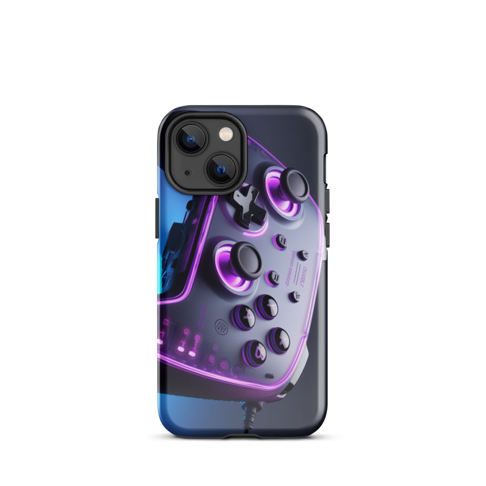 Neon Phantom Controller protective case for iPhone 13 with vivid violet controls and blue glow