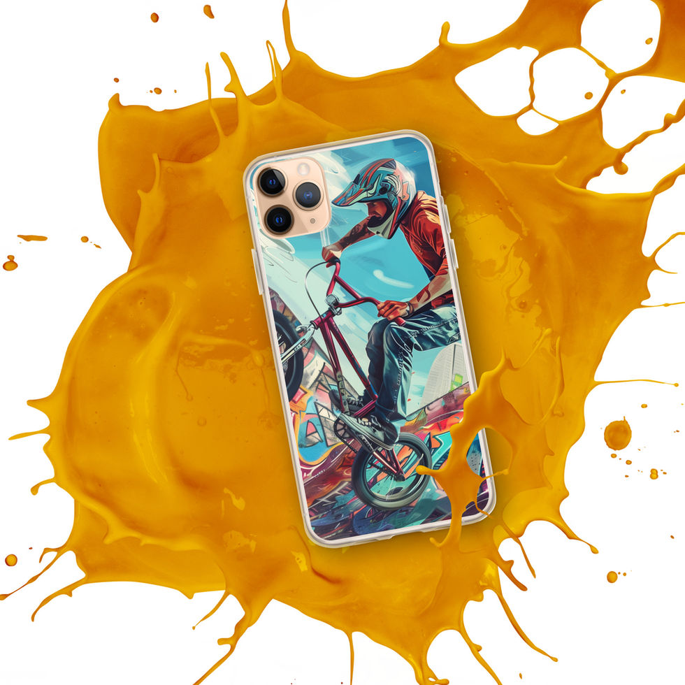 Urban Freestyle Clear case for iPhone 11 Pro Max, BMX rider and colourful graffiti, orange paint splash background