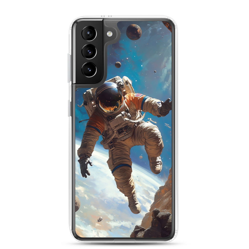 Galactic Wanderer shows a lone explorer in a bright cosmic scene on a clear Samsung phone case.