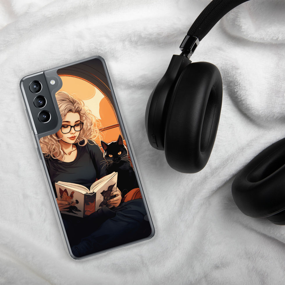 Literary Haven clear Samsung case with quiet reading scene
