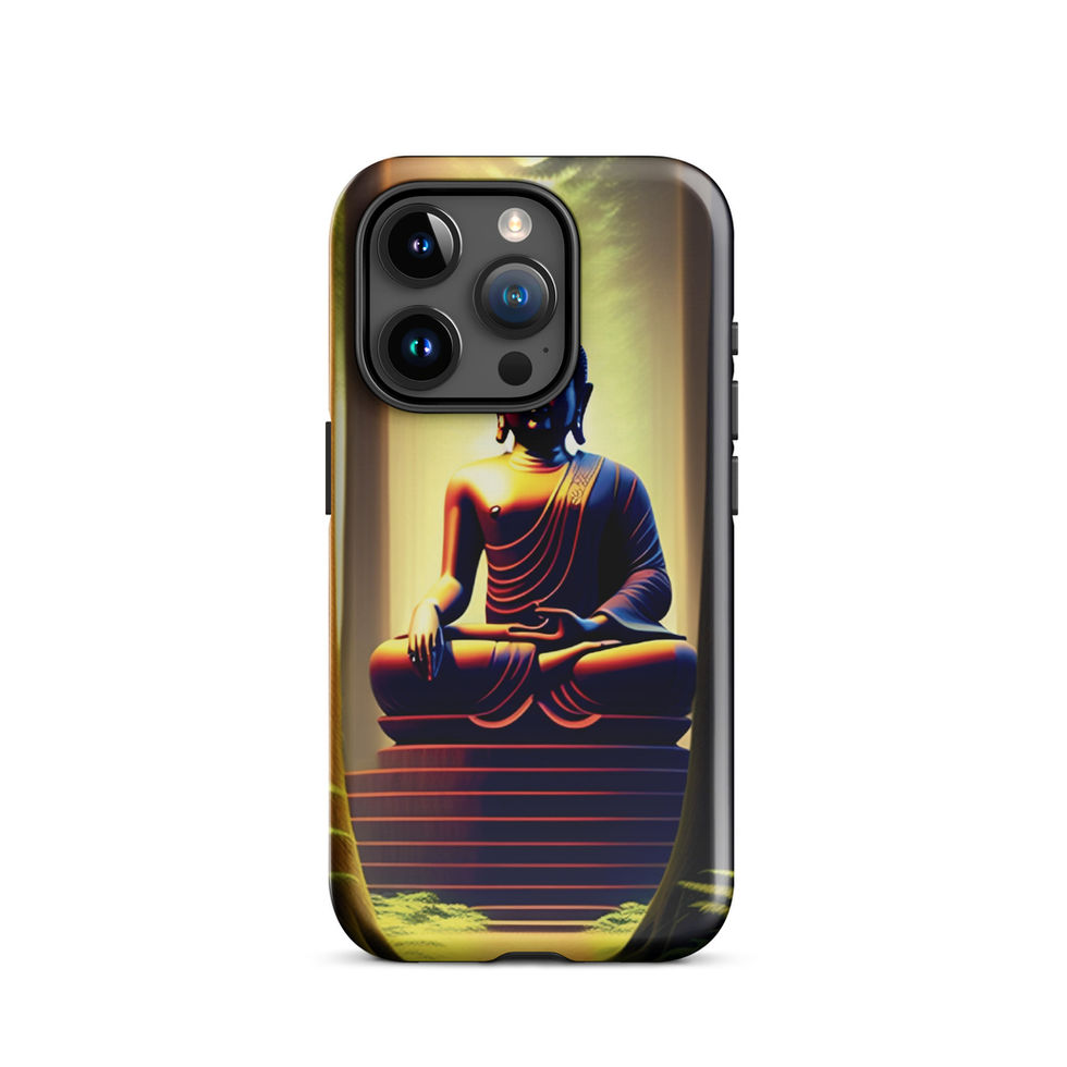 Praying Buddha iPhone tough case, rear view; bronze figure centred over horizontal stairs.