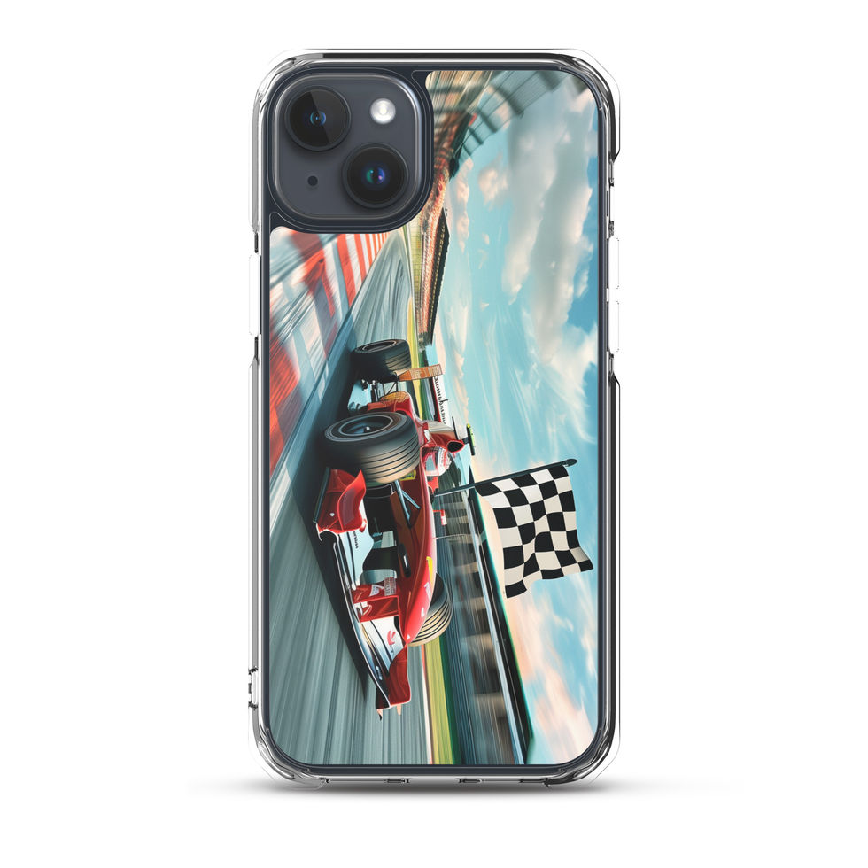 Champion's Glory Clear case for iPhone 15 Plus, red race car and chequered flag, phone and case on white