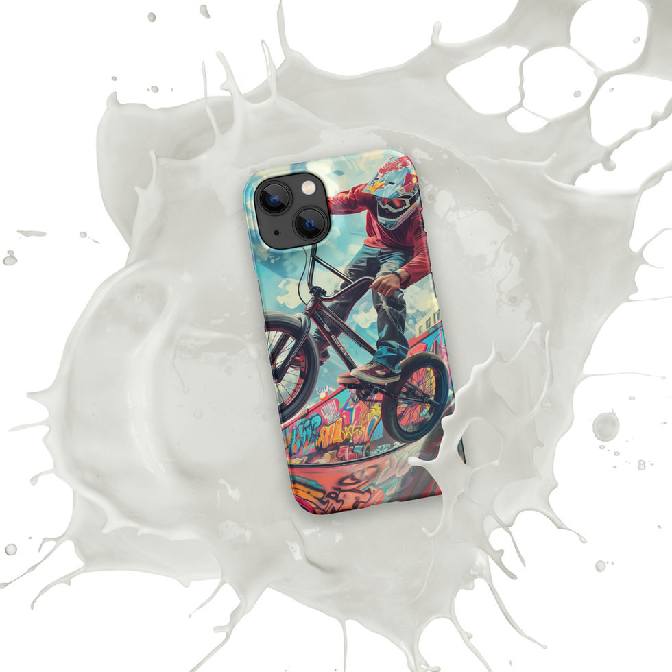 Urban Thrill Snap case for iPhone 14, BMX rider above graffiti ramp, white paint splash background
