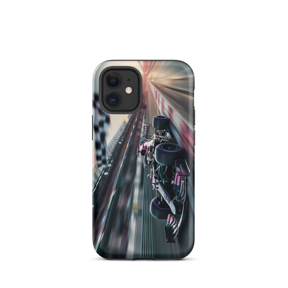 Midnight Velocity Tough case for iPhone 12 mini, race car and night lights, rear view on white