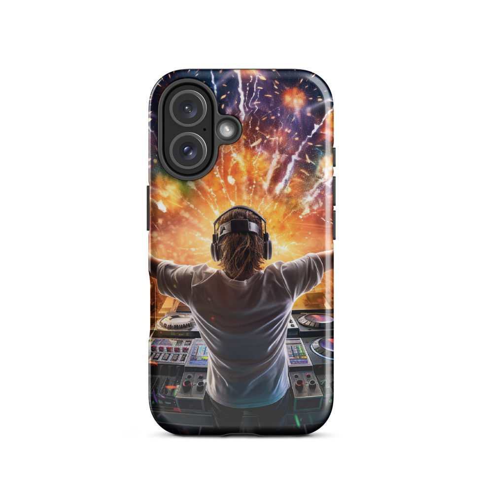 Neon DJ tough iPhone case showing a DJ at the mixing desk under bright orange and purple lights for iPhone 16 Plus