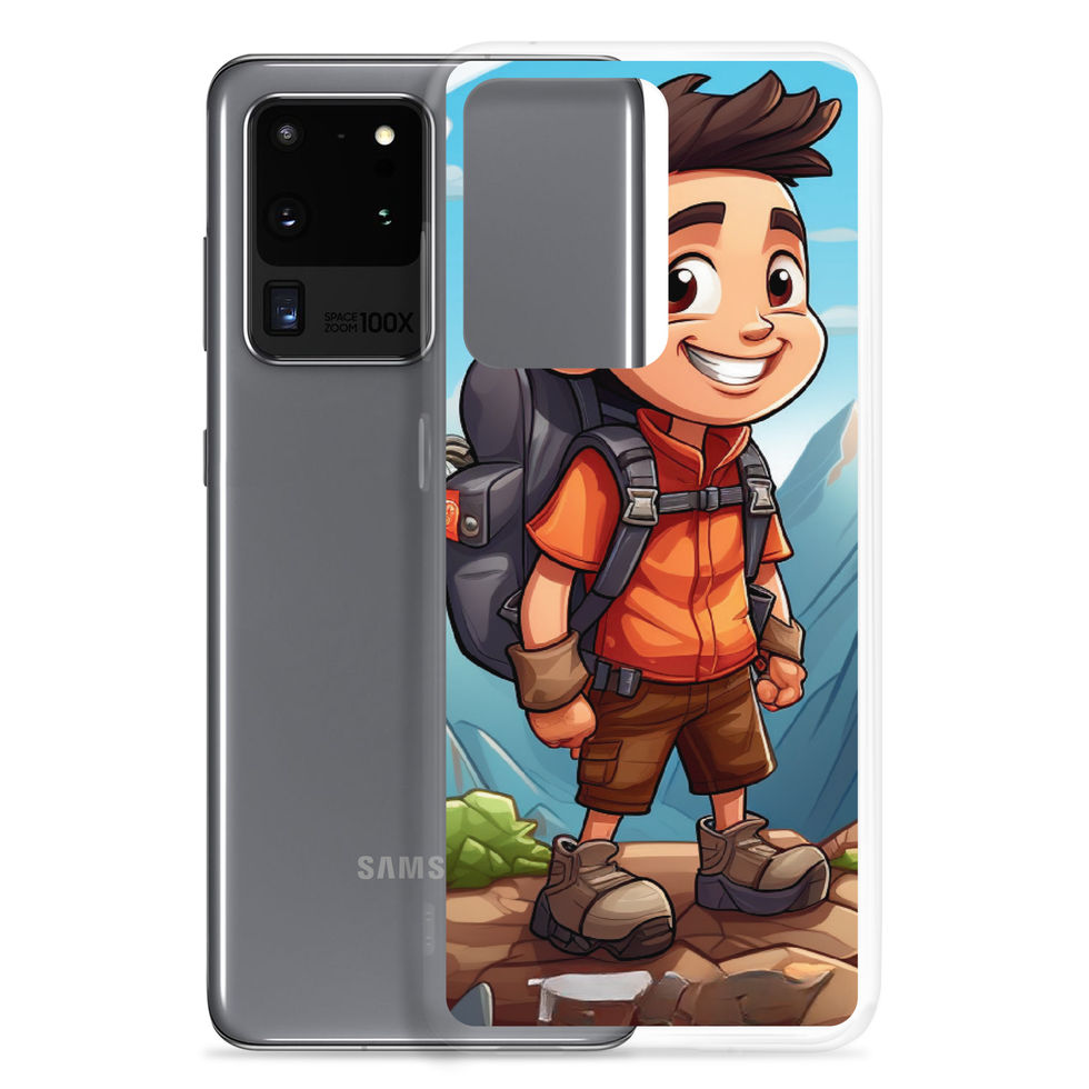 Trailblazer clear Samsung phone case showing blue sky and distant peaks in full vertical case artwork
