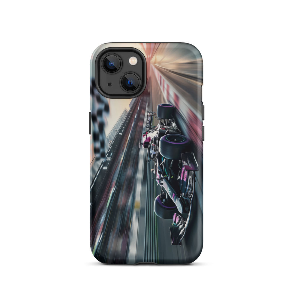 Midnight Velocity Tough case for iPhone 13, race car and night lights, rear view on white