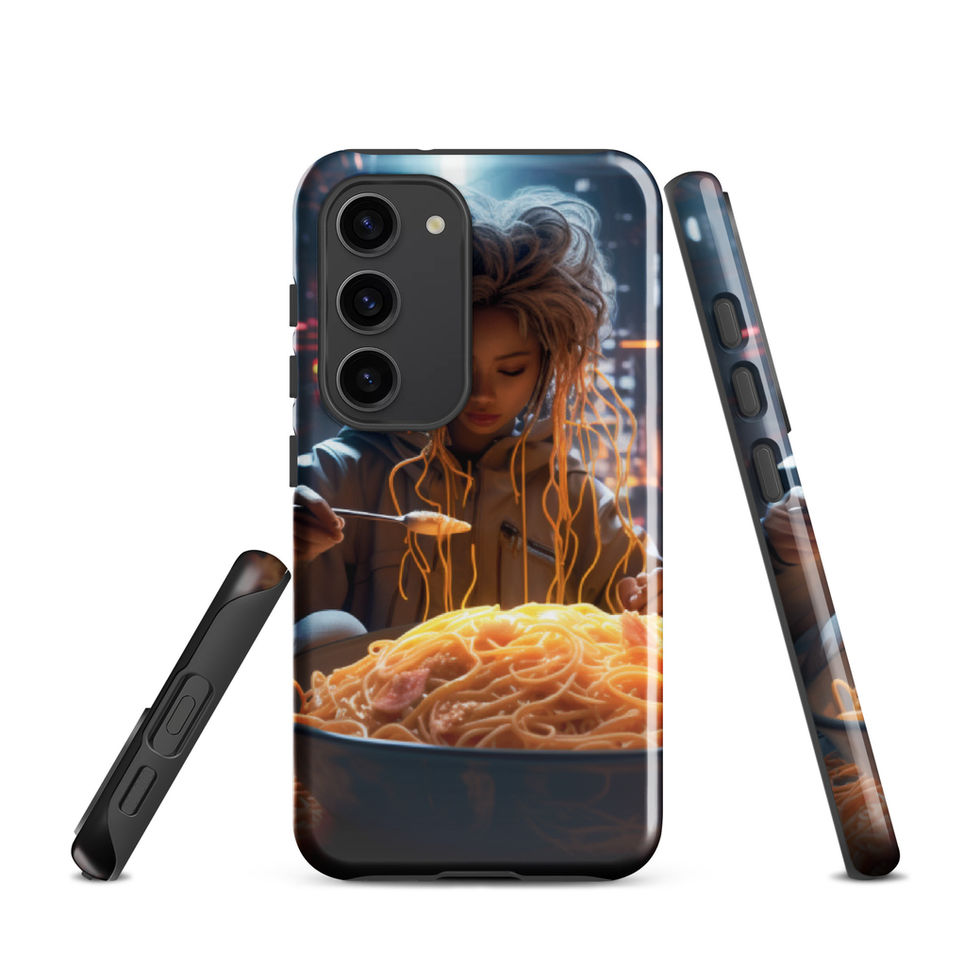 Cyber Noodle Feast Samsung tough case, back and side views; back portrait framed by wisps of rising steam.
