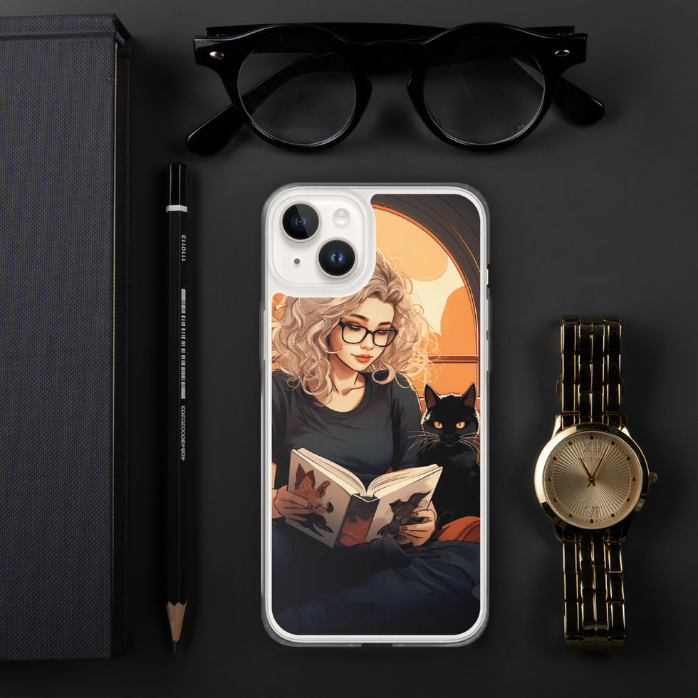 Printed back of Literary Haven iPhone clear case showing warm tan and black palette