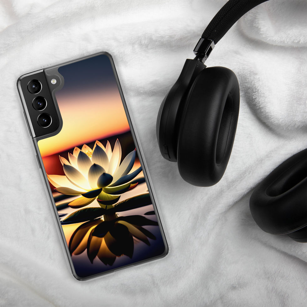 Sunlit Lotus Samsung clear case near headphones; cream-gold petals against an orange horizon.
