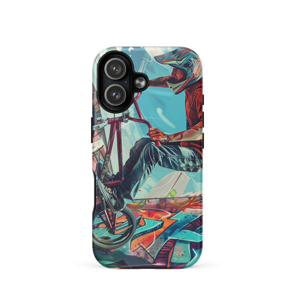 Urban Freestyle MagSafe Tough case for iPhone 17, BMX rider and colourful graffiti, rear view on white background