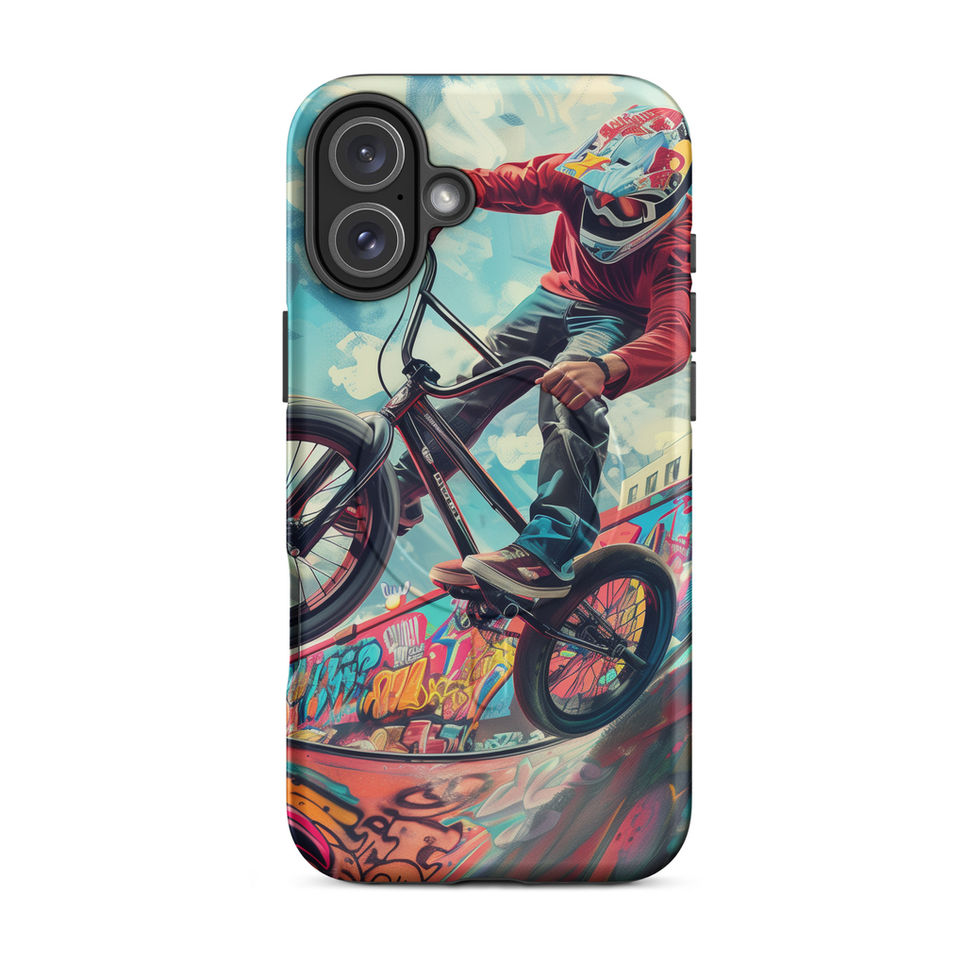 Urban Thrill MagSafe Tough case for iPhone 16 Plus, BMX rider above graffiti ramp, rear view on white background