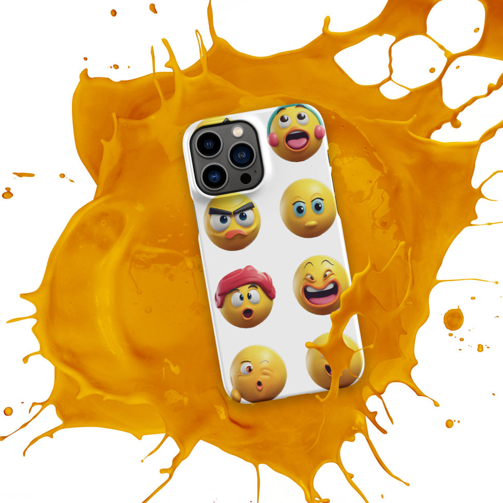 Emoji Frenzy snap iPhone case showing silly grin across its printed surface, over an orange paint splash.