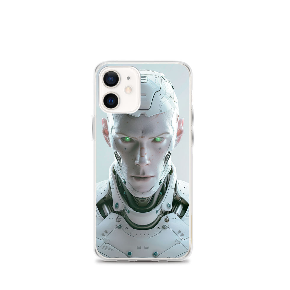 Robotic sentinel portrait with layered facial circuitry; front product view on an iPhone® Clear Case.