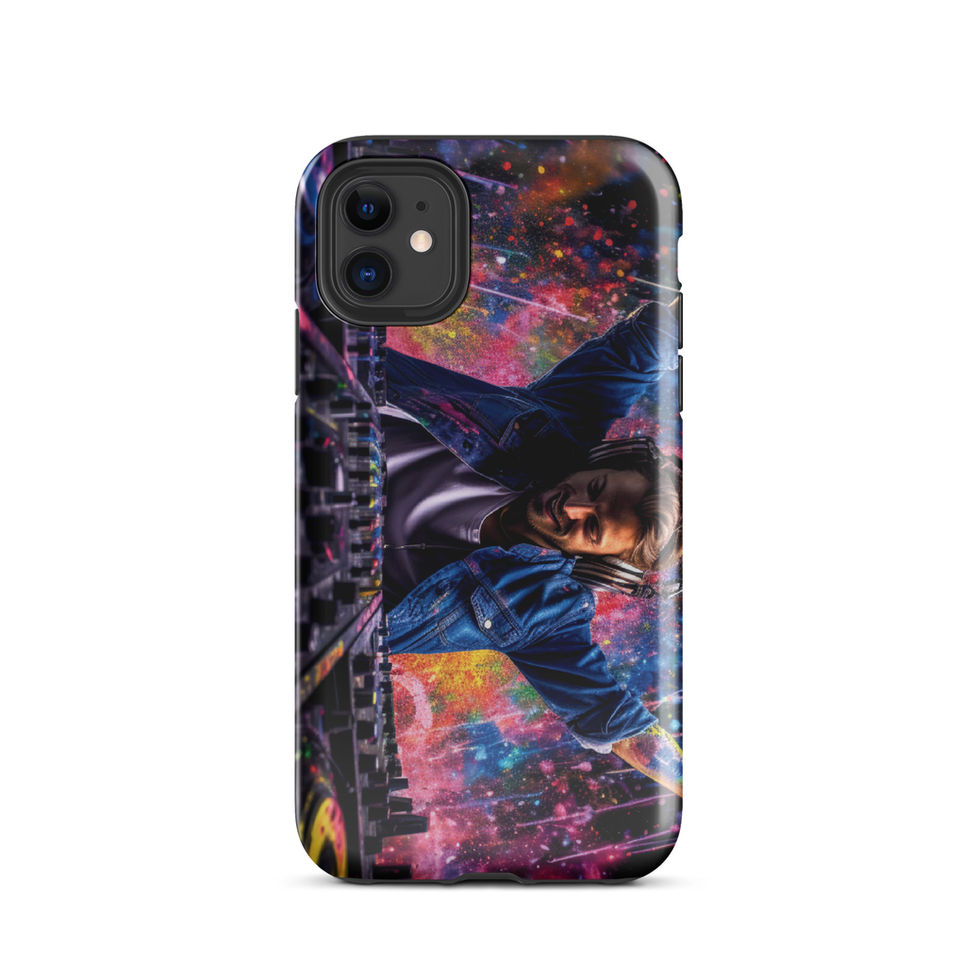 Rhythmic Energy tough iPhone case with dark abstract artwork and pink, blue, and orange bursts for iPhone 11 Pro