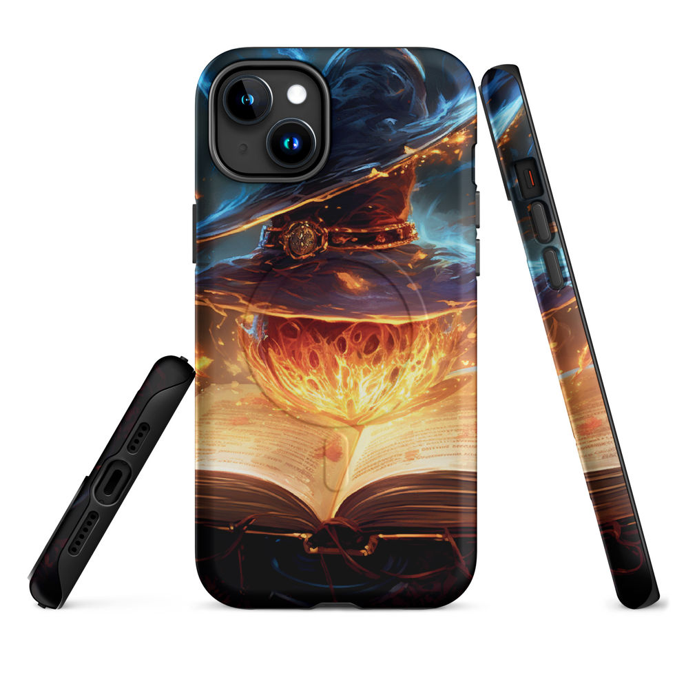 Arcane Ember MagSafe iPhone case: warm book light meeting cool blue shadows, propped beside its side profile.