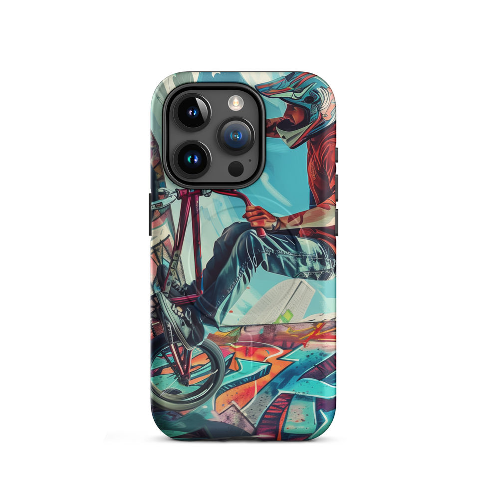 Urban Freestyle MagSafe Tough case for iPhone 15 Pro, BMX rider and colourful graffiti, rear view on white background