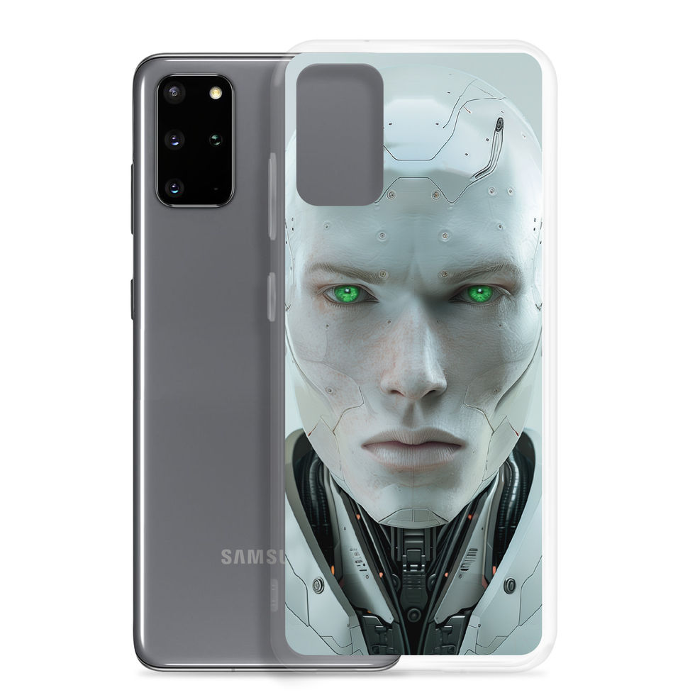 pale futuristic AI robot on Samsung clear protective case, product mockup with camera cutout visible