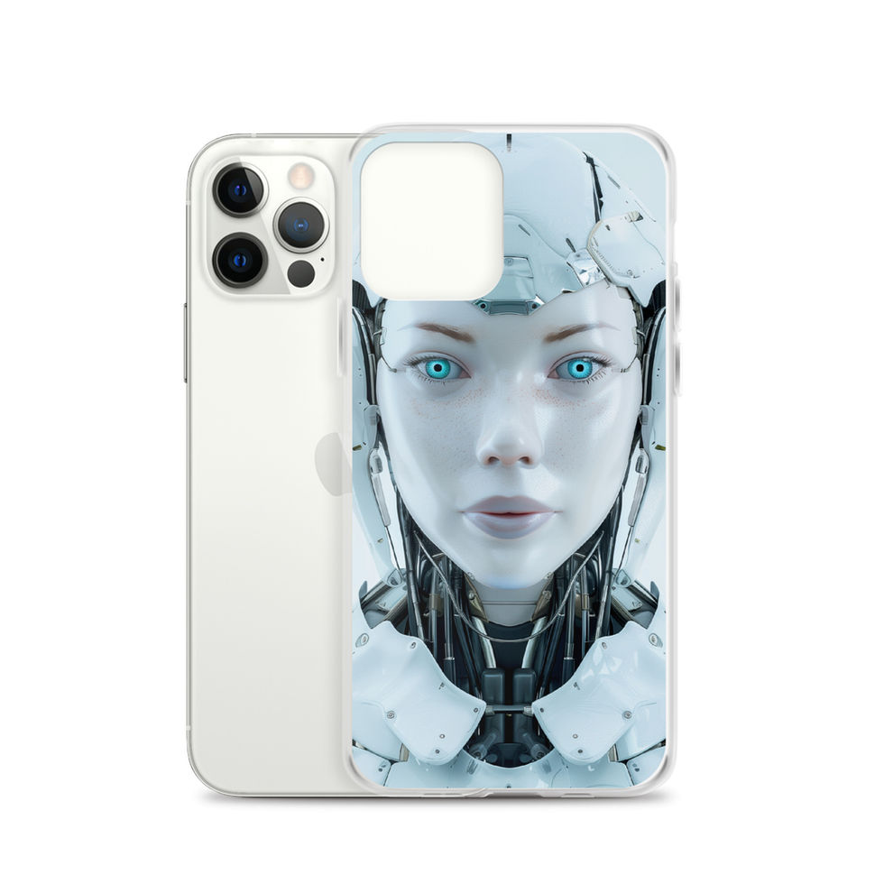 Silver cybernetic face with fine black panel seams on a clear phone cover – close-up artwork detail
