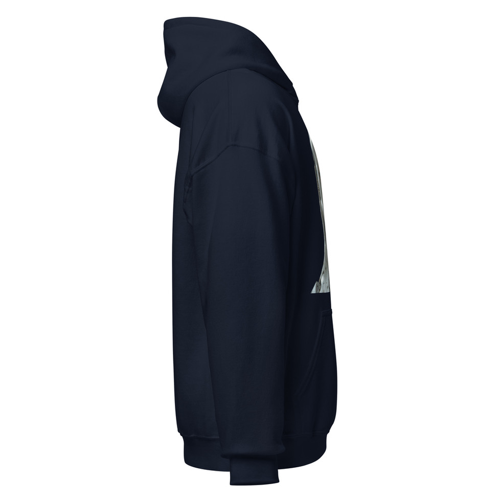 Ethereal Mechanica: navy blue unisex hoodie showing right sleeve and side
