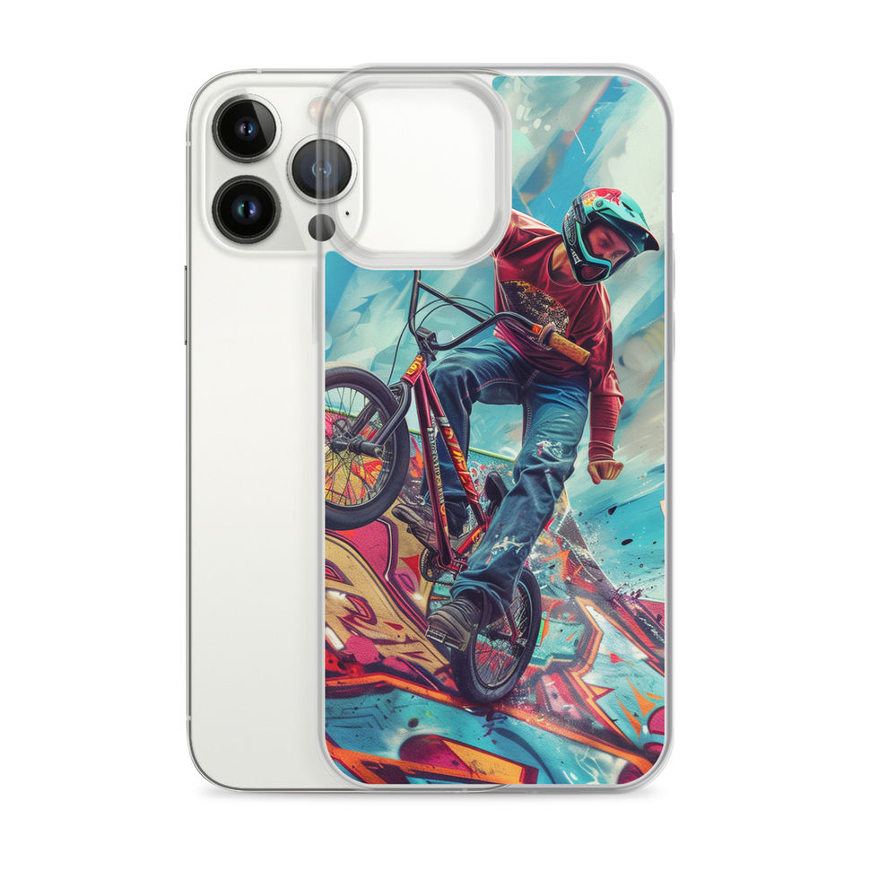Ramp Rebel Clear case for iPhone 13 Pro Max, red-jacketed BMX rider and graffiti, rear view on white