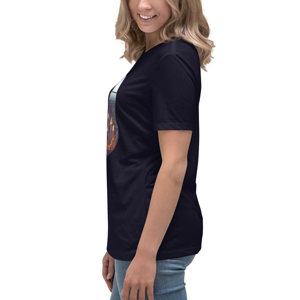 Skyline Beats: navy blue women's relaxed T-shirt showing left sleeve, worn by model