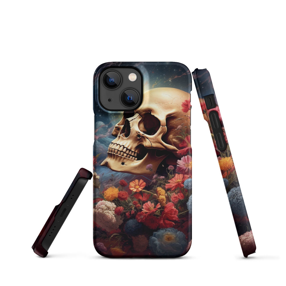 Galactic Remains snap iPhone case showing deep red floral cluster below the face