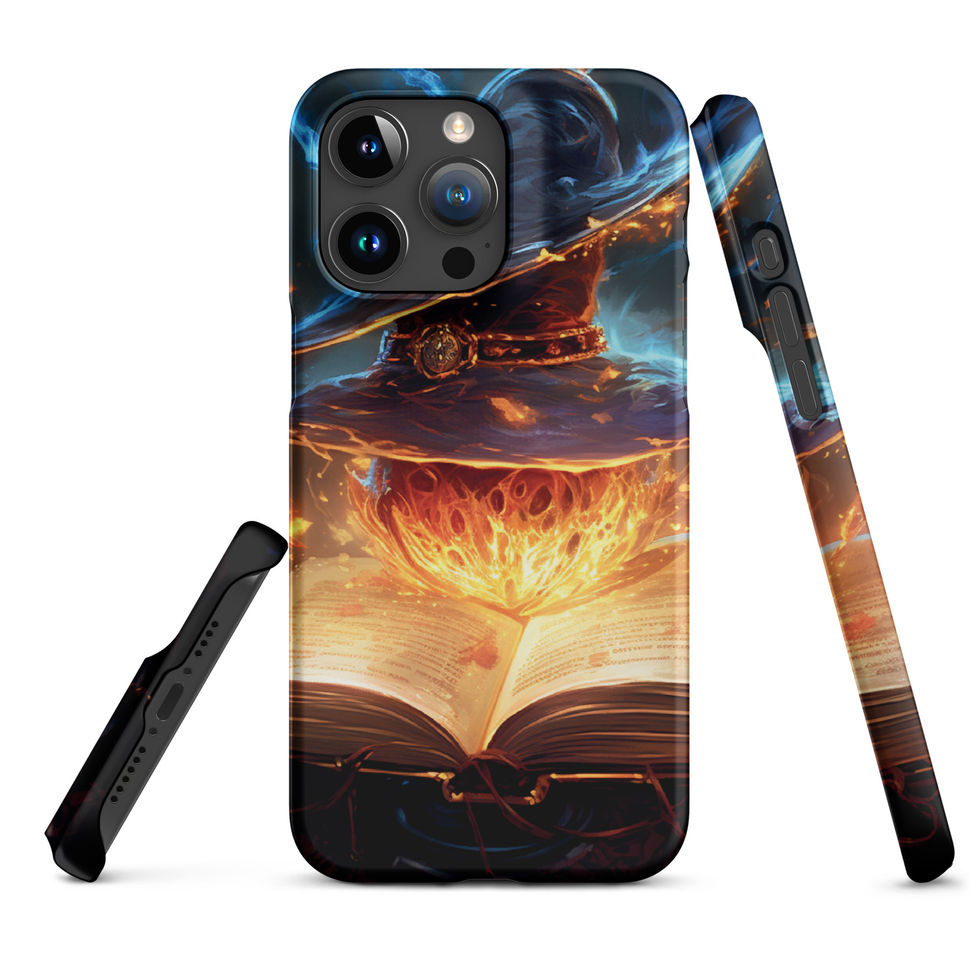 Arcane Ember snap iPhone case: orange magic sweeping across open pages, shown upright with its side profile.