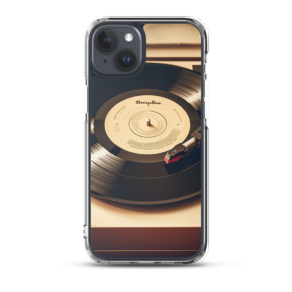 Golden Grooves clear iPhone case gold-and-black case mockup beside a classic watch, image 32.
