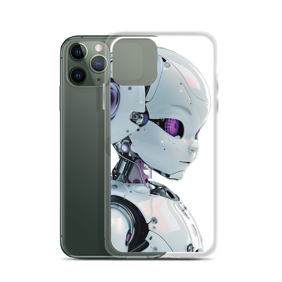 Cyber Blossom child android portrait on a slim clear iPhone phone case, full back view