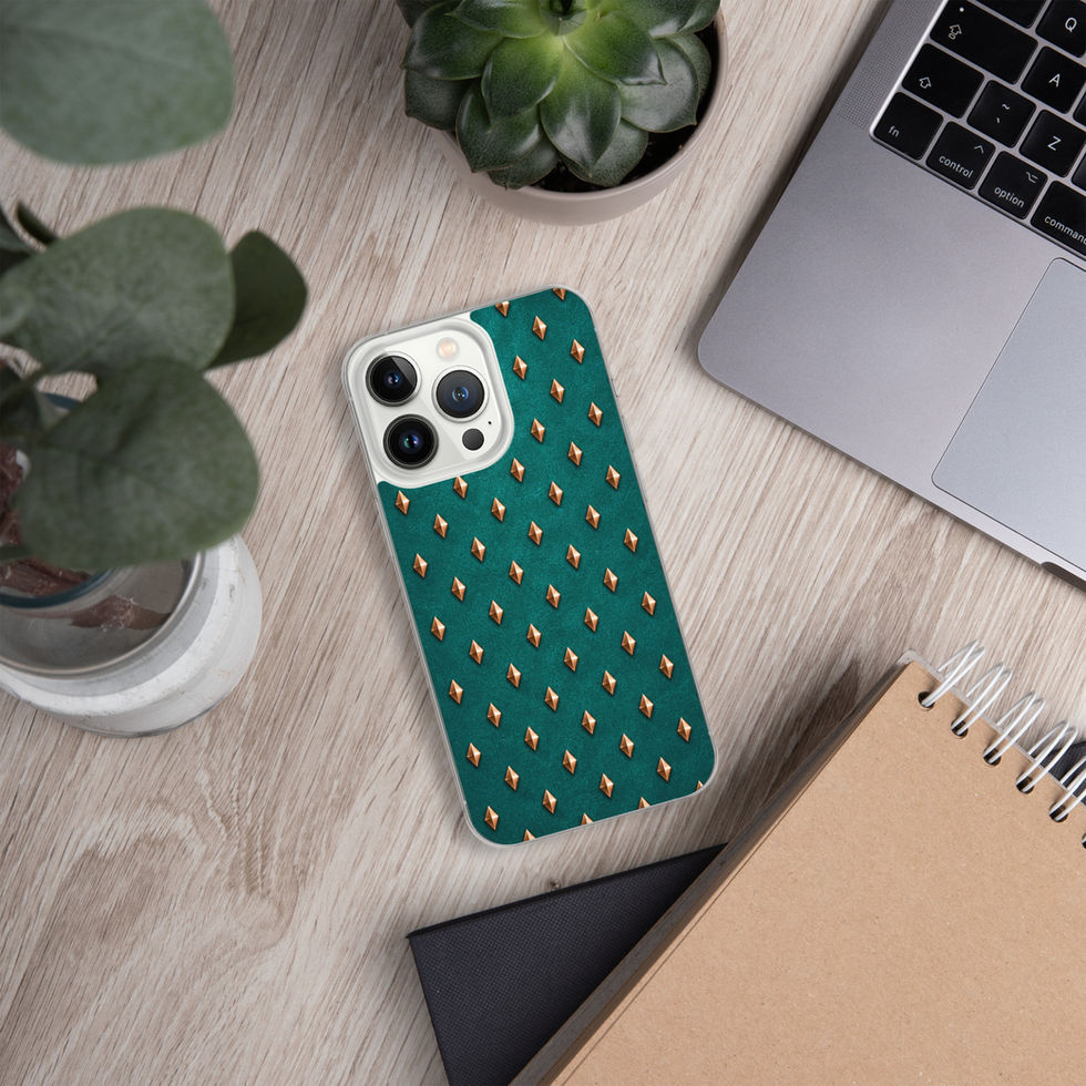 Teal Copper Diamonds clear case for iPhone 13 Pro, copper-look diamonds on teal, alternate view 3