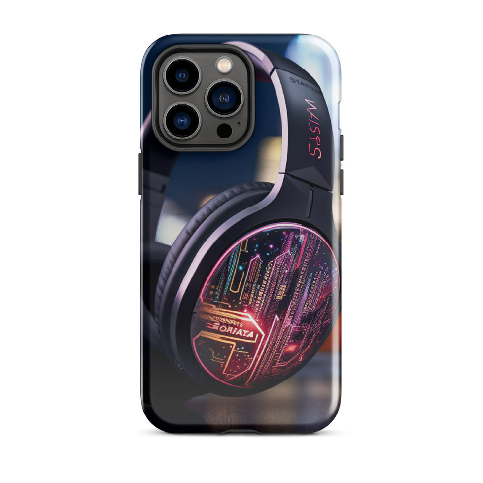 Neon Beats tough phone case for iPhone 15 with a dark finish and circular pink neon music artwork