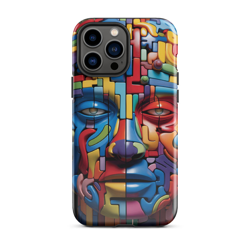 Cybernetic Puzzle tough iPhone case with futuristic mechanical portrait artwork, geometric motif detail