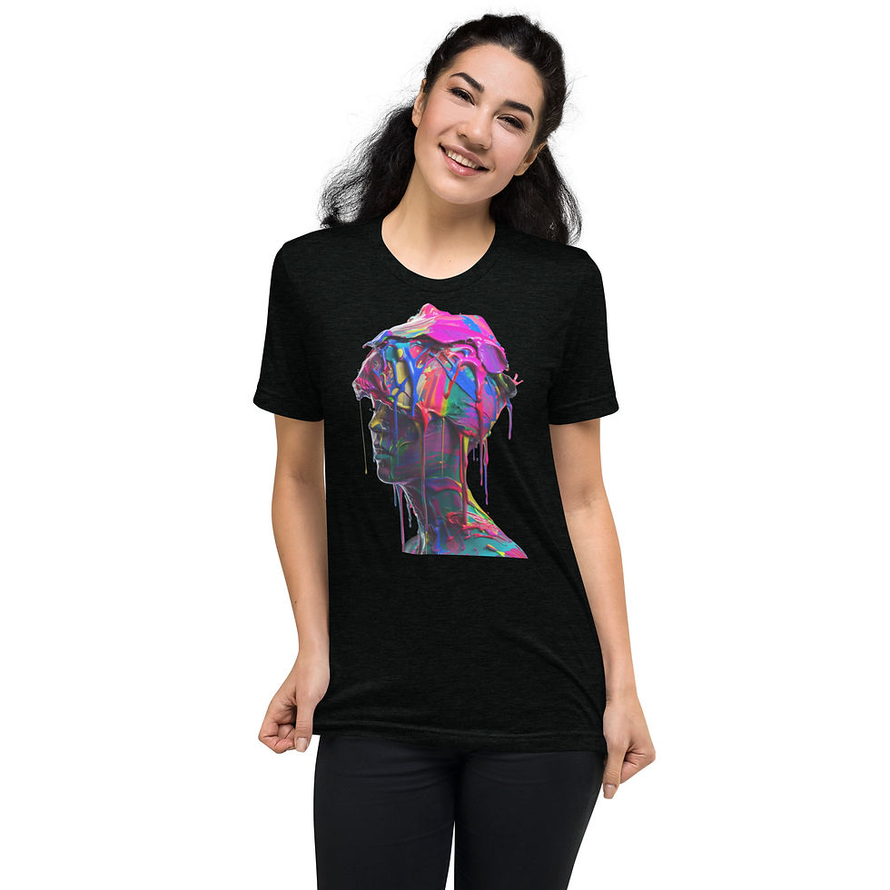 Spectrum Flow: black tri-blend T-shirt with angular face in bright paint, model head tilted