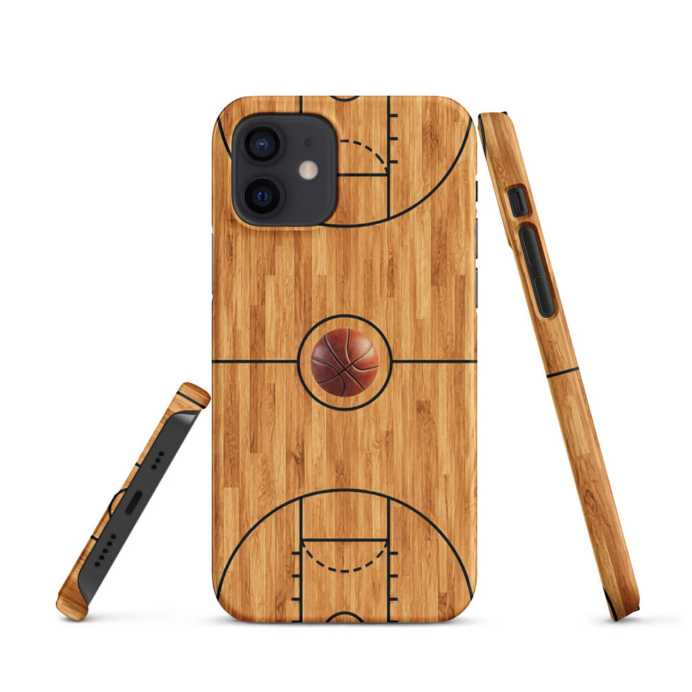 Grain & Game Snap case for iPhone 12, wood basketball court and ball, rear and side views on white