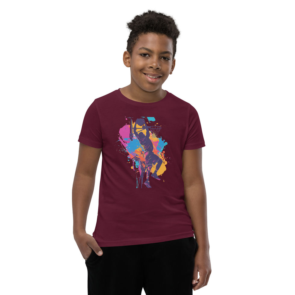 Painted Slam Dunk: maroon youth short-sleeve T-shirt with a basketball dunk and paint splashes, on child