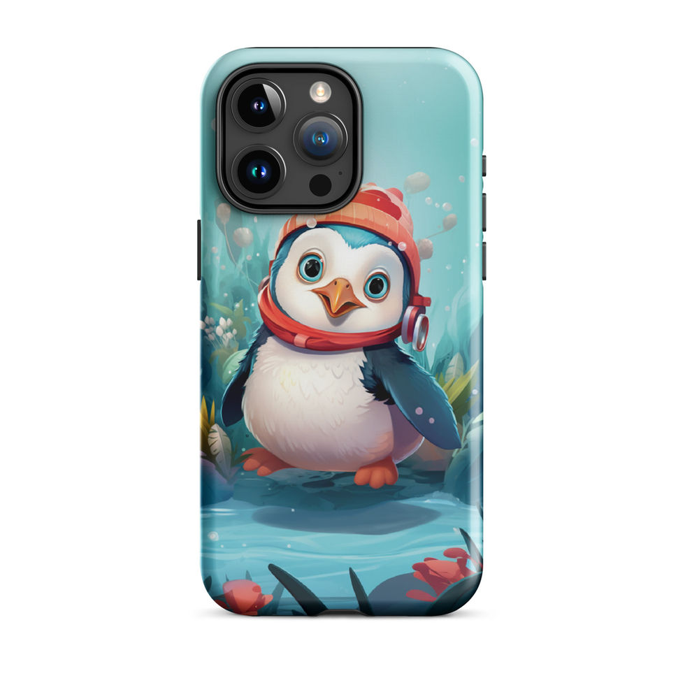 Aquatic penguin-mockup-20 showing Aqua Explorer artwork on an iPhone tough phone case