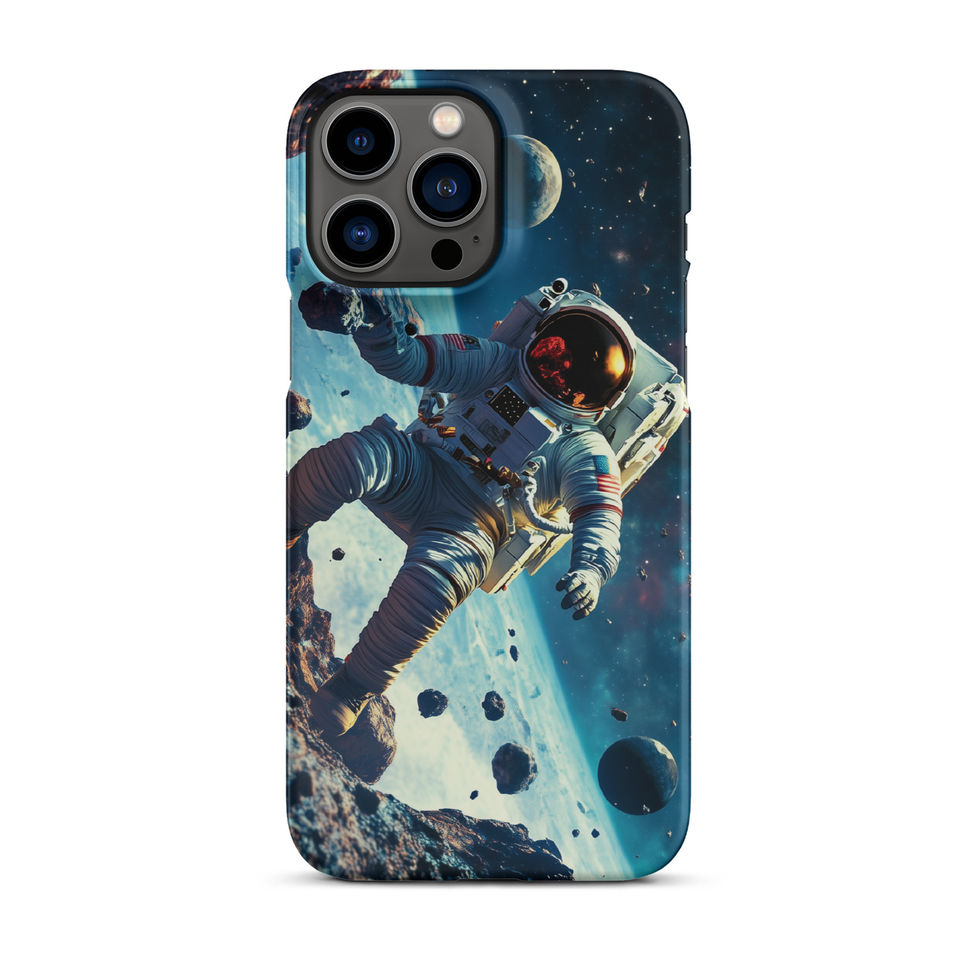 Asteroid Drift snap case for iPhone 14, blue space art with an astronaut and scattered asteroids