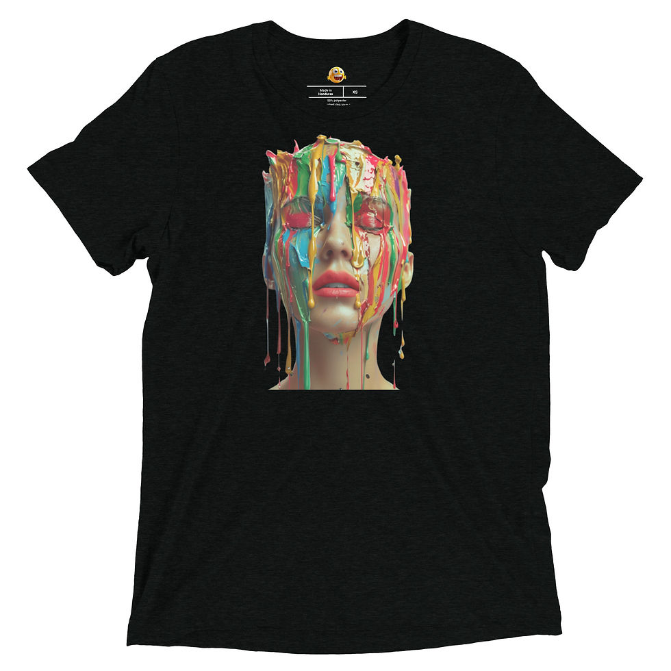 Colour Cascade: black women's crew-neck T-shirt with face with colourful paint drips