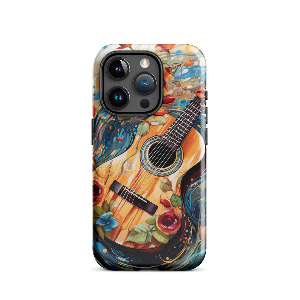 Melodic Waves protective iPhone Tough Case next to a coffee cup, showing the blue music-and-ocean artwork, image 18.