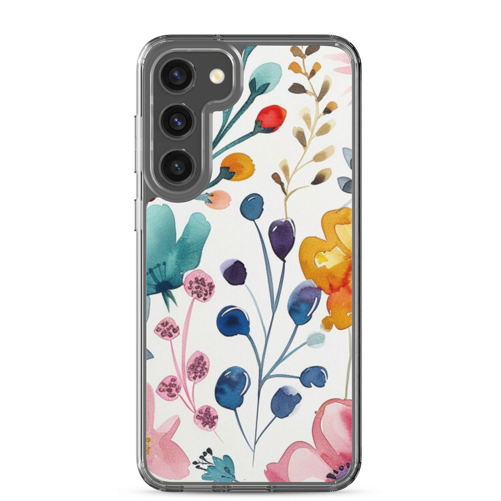 Whimsy Flora botanical clear case for Samsung Galaxy S24 Plus, angled side view