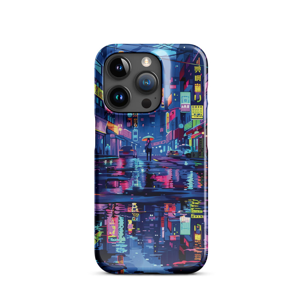 Neon Reflection iPhone snap case with a rain-soaked street reflecting blue neon
