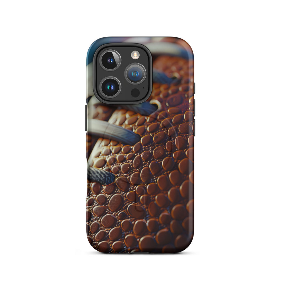 Gridiron Grip MagSafe Tough case for iPhone 16 Pro, rear view of brown football pebble artwork and pale laces.