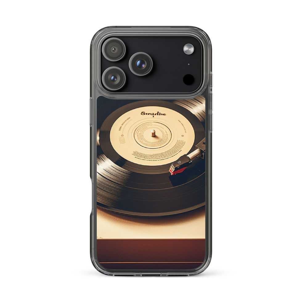 Golden Grooves clear iPhone case modern workspace mockup with the case lying flat, image 48.