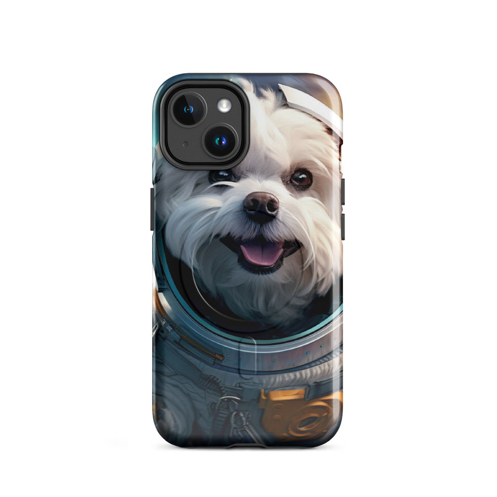 Cosmo Pup astronaut dog MagSafe iPhone case — rear case view in studio mockup