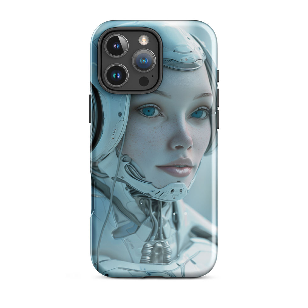 Cybernetic Muse android with delicate temple technology; angled case mockup on an iPhone® Tough Case.
