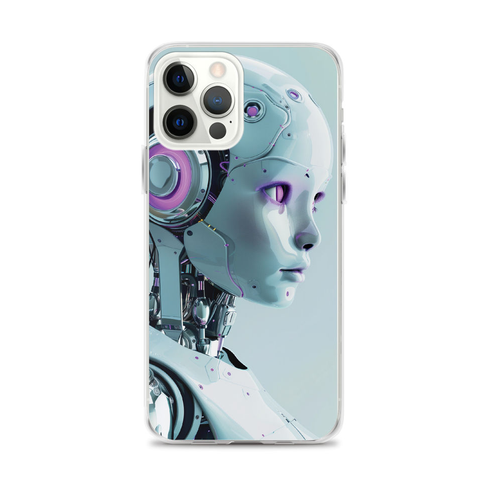 iPhone clear case featuring sculpted silver android facial panels