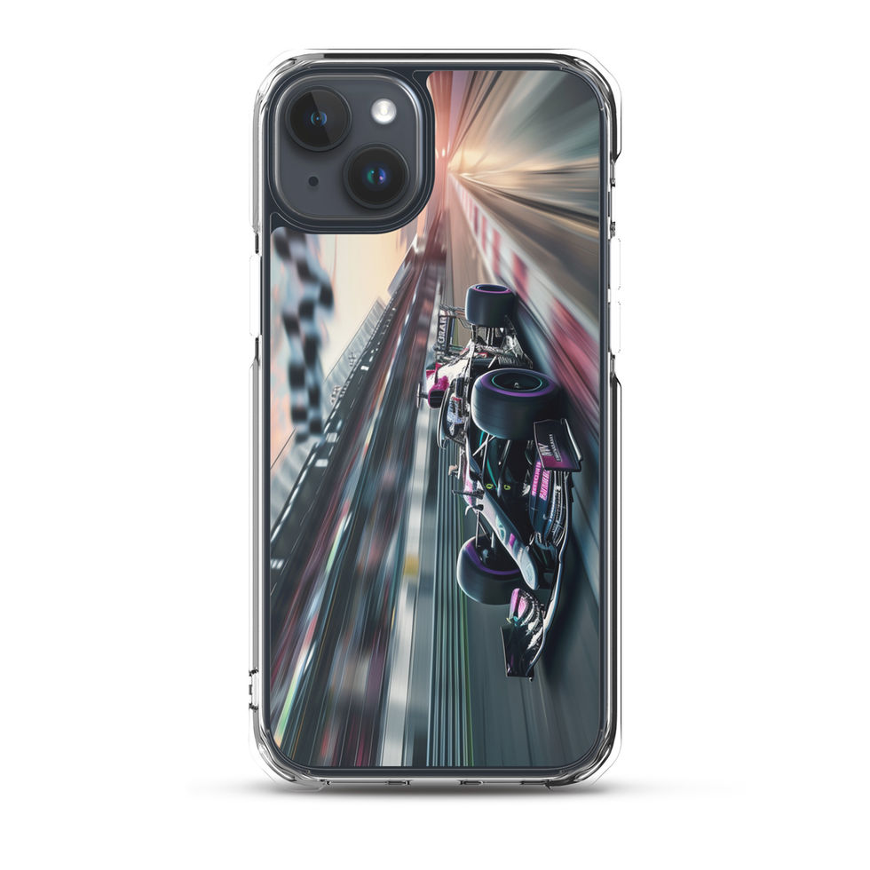 Midnight Velocity Clear case for iPhone 15 Plus, race car and night lights, phone and case on white