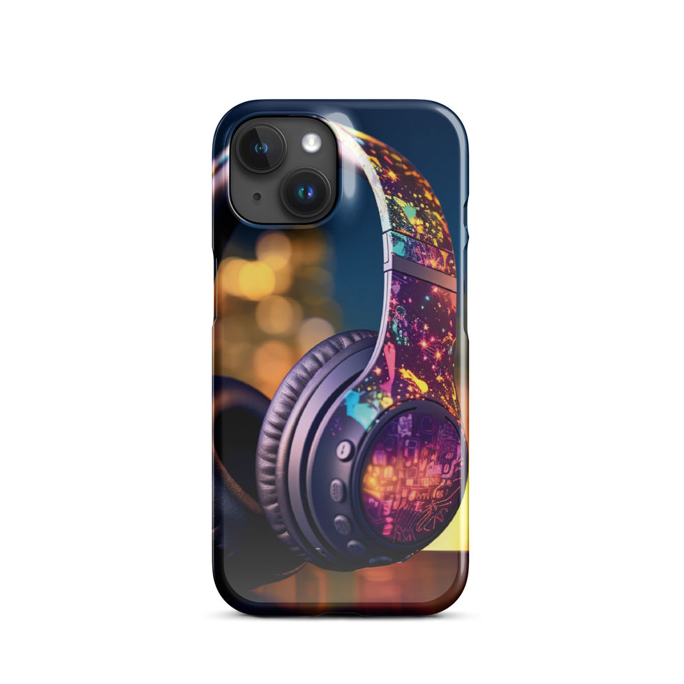 Electric Pulse slim snap case for iPhone 15 Plus with colourful headphones on a warm-lit background